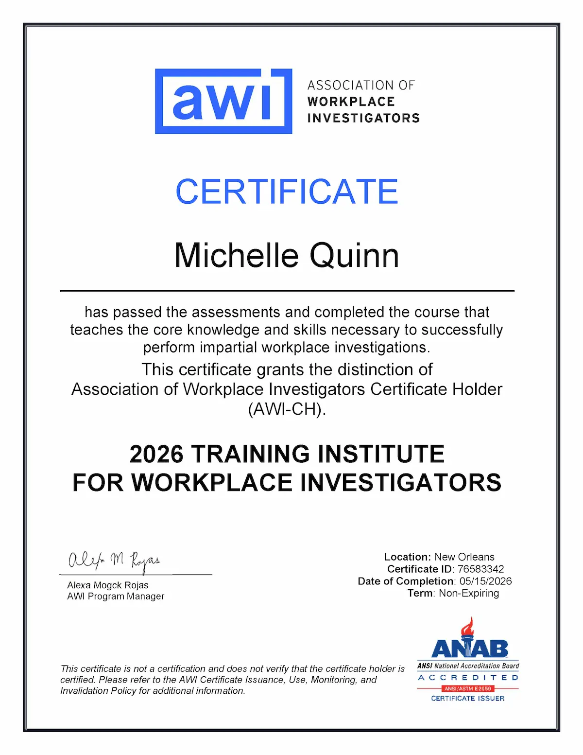 awi certificate Michelle Quinn